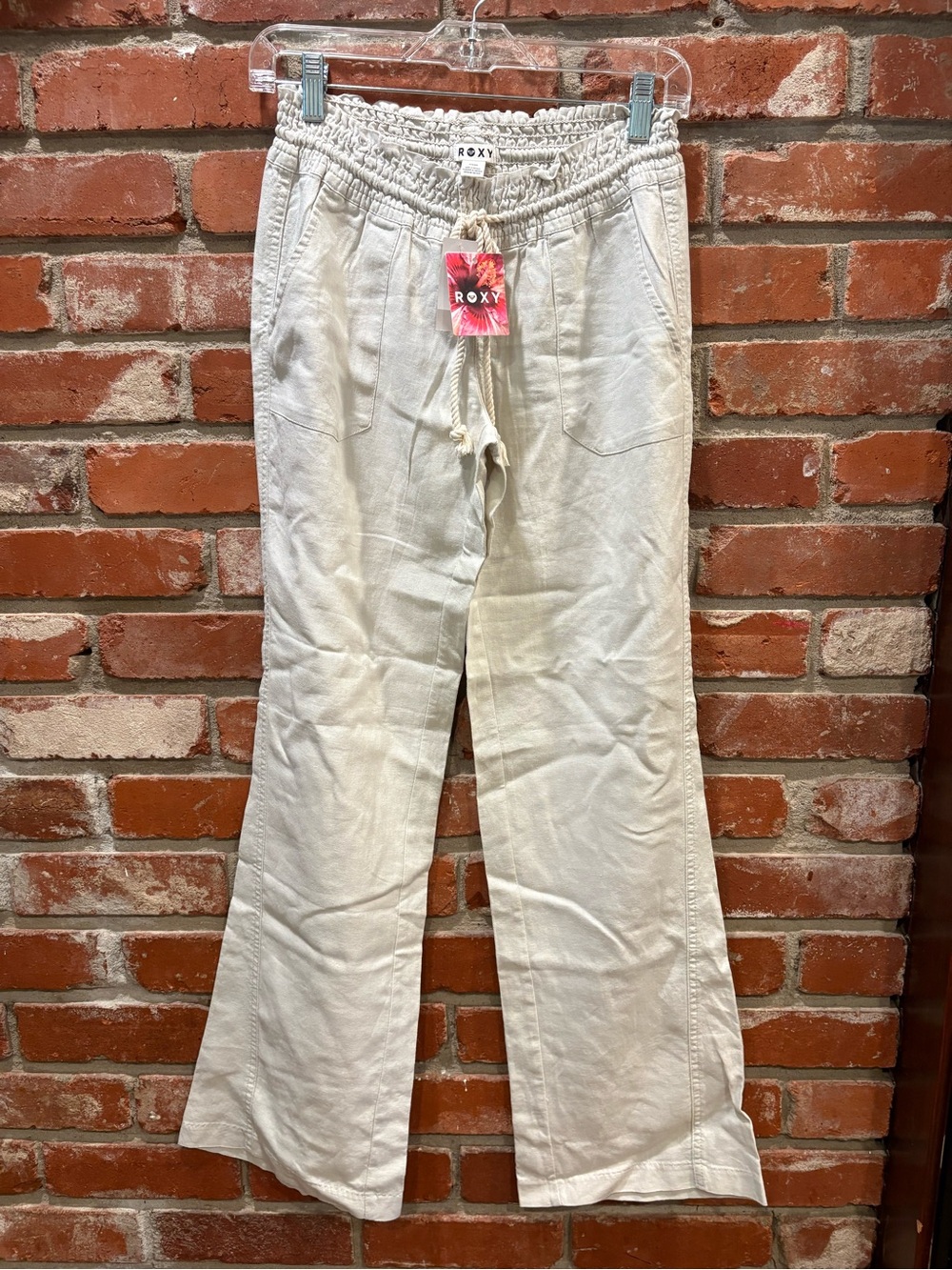NWT Roxy Oceanside Cream Linen Blend Drawstring Flare Beach Pants Size S